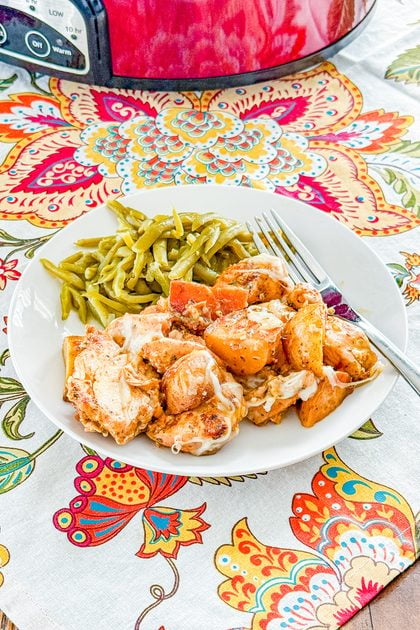 Tender chicken pieces and baby potatoes in creamy garlic Parmesan sauce