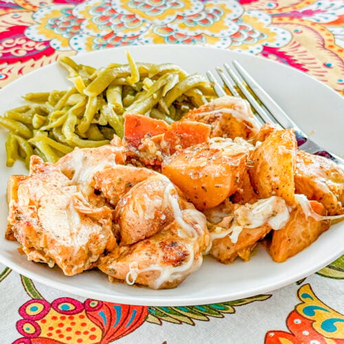 Close-up of creamy garlic Parmesan chicken with tender golden potatoes