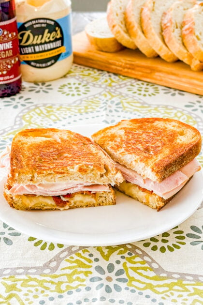 Sourdough turkey bacon melt with Monterey Jack cheese, tomato, and red wine vinegar mayo