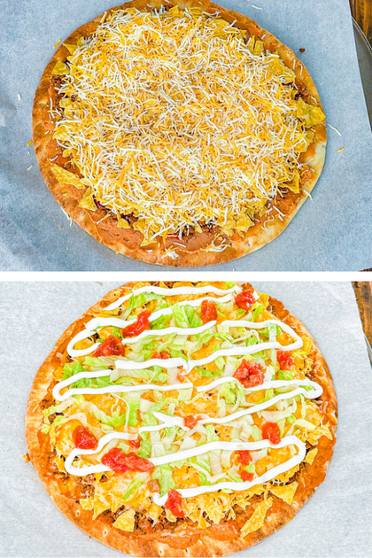 Taco pizza before baking and finished taco pizza with additional lettuce, sour cream and salsa toppings