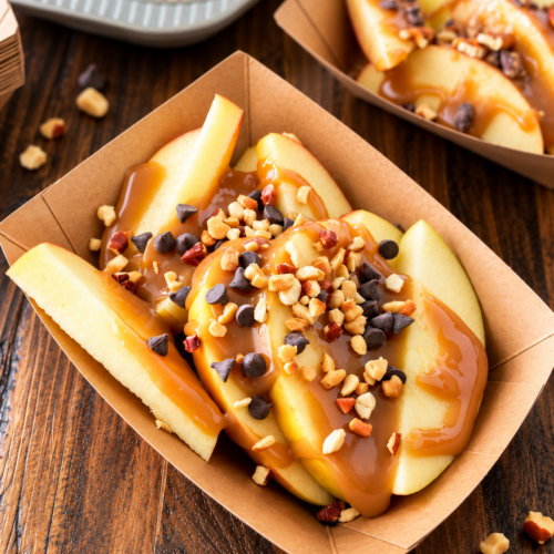 Gourmet caramel apple bar with sliced apples, homemade caramel sauce, and assorted toppings