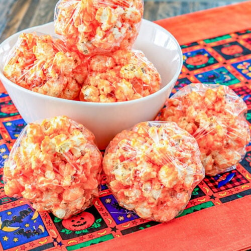 Classic popcorn balls arranged on a bowl for a Halloween treat