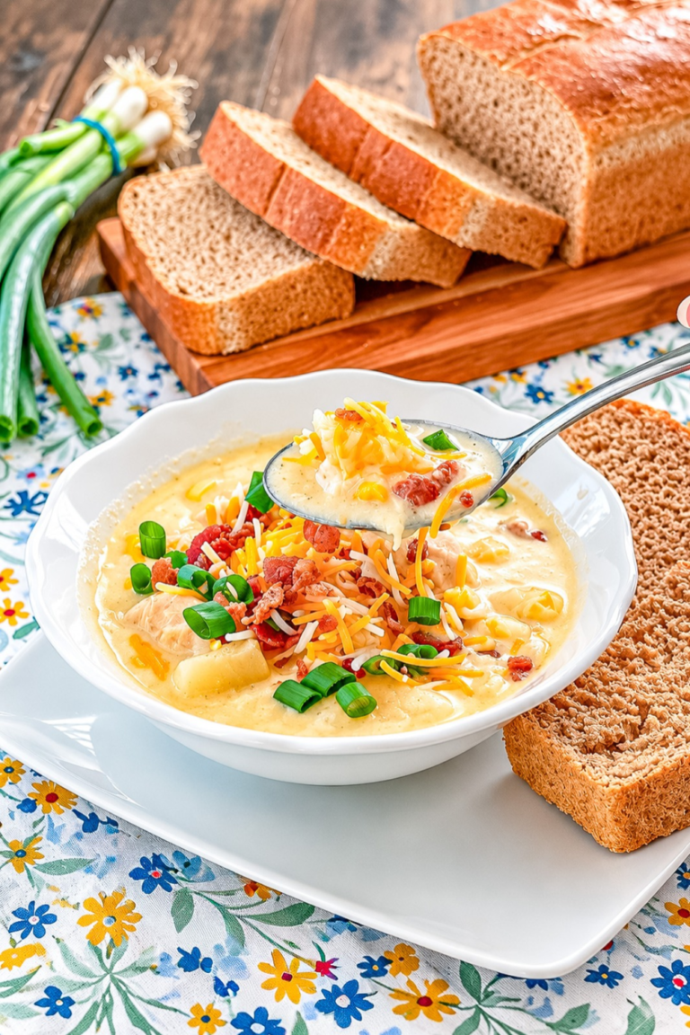 Spoonful of Crock Pot Chicken Corn Chowder with chicken, potatoes, corn, bacon, and cheddar cheese