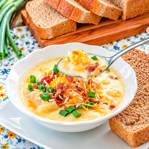 Spoonful of creamy chicken corn chowder with chicken, potatoes, and corn