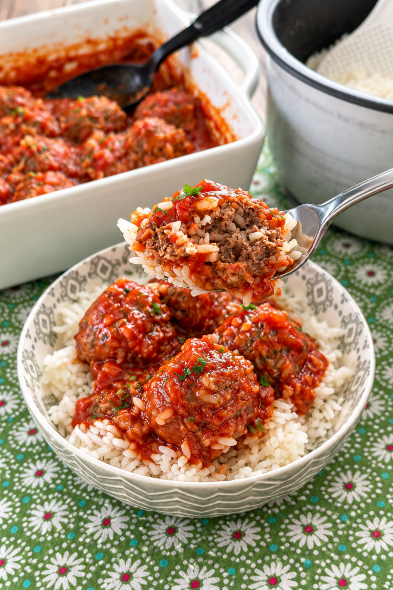 Close-up of a bite of meatball and rice with tomato sauce on a fork
