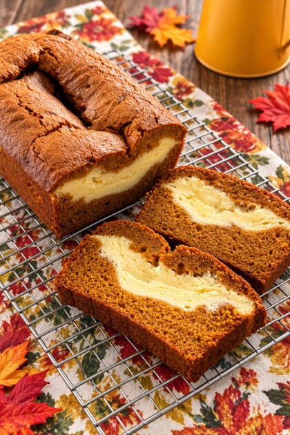 Pumpkin cream cheese bread with a rich cream cheese layer in the center