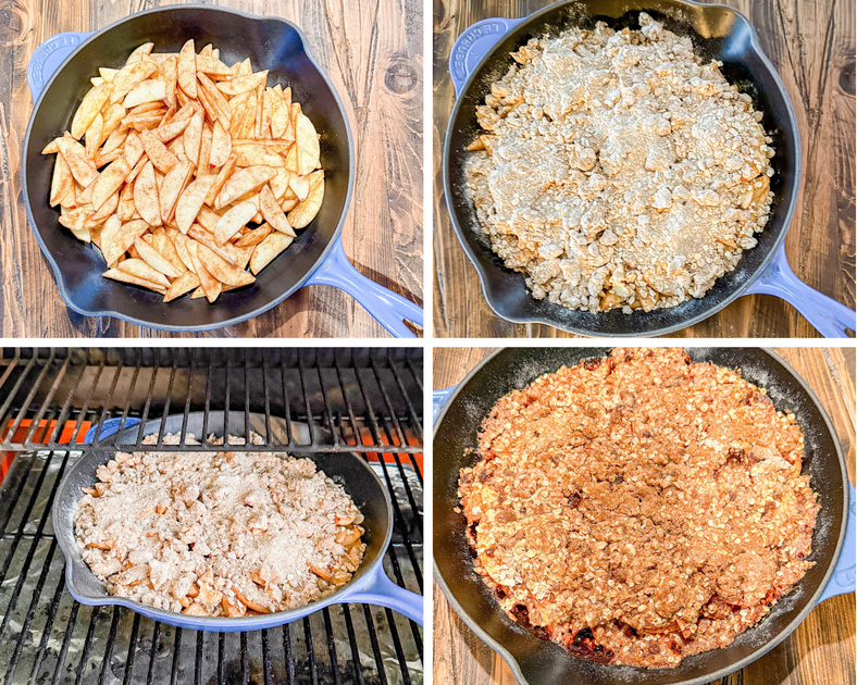 photo collage o the process of making the smoked apple crisp