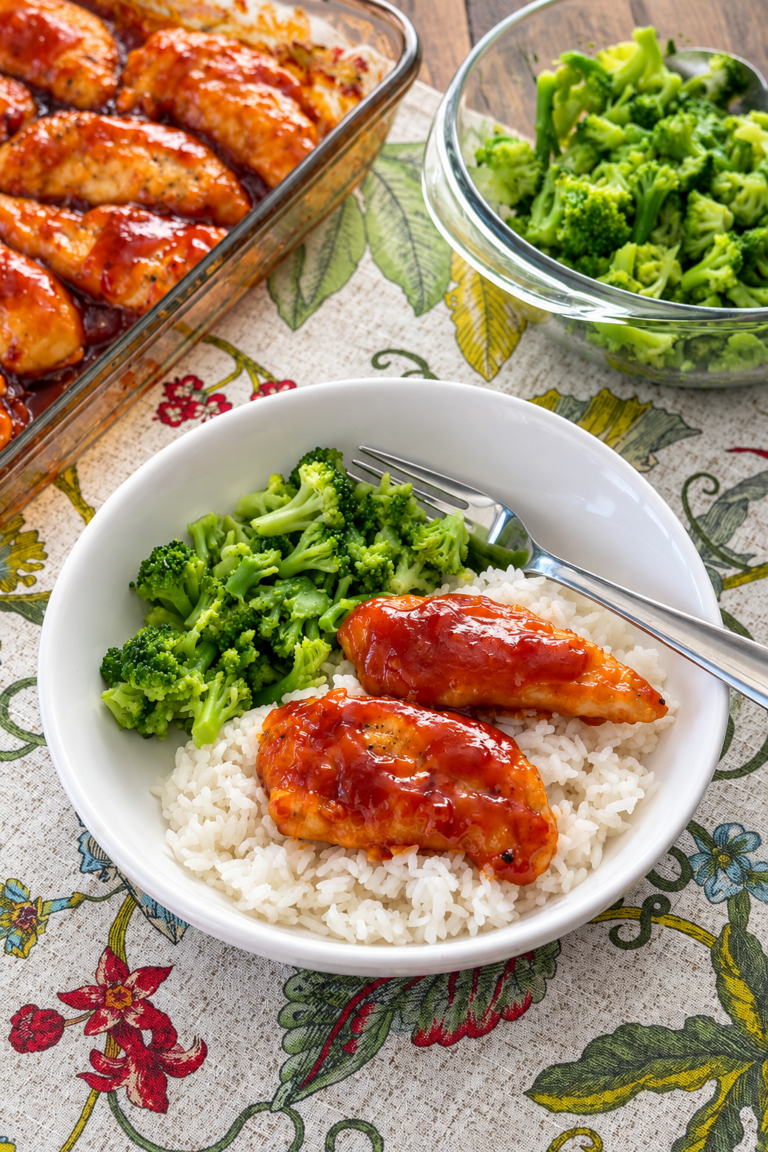 Bowl of sweet sticky chicken with rice and broccoli beside a baking dish of glazed chicken